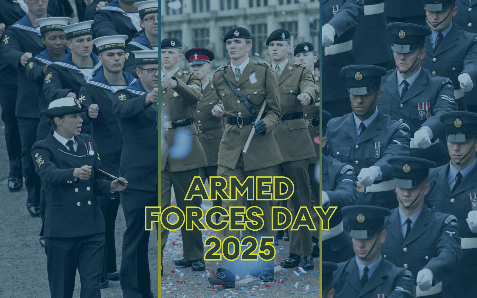 Three cropped images of our Armed Forces services. Navy, Army and RAF.